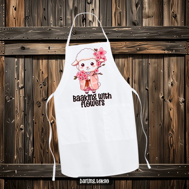 Funny sheep wearing a kimono and holding cherry blossoms adds a touch of humor to this functional kitchen apron.