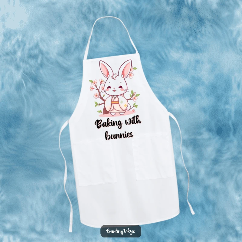 Funny bunny in a pastel kimono peeking from behind a cherry blossom, a humorous kitchen apron.