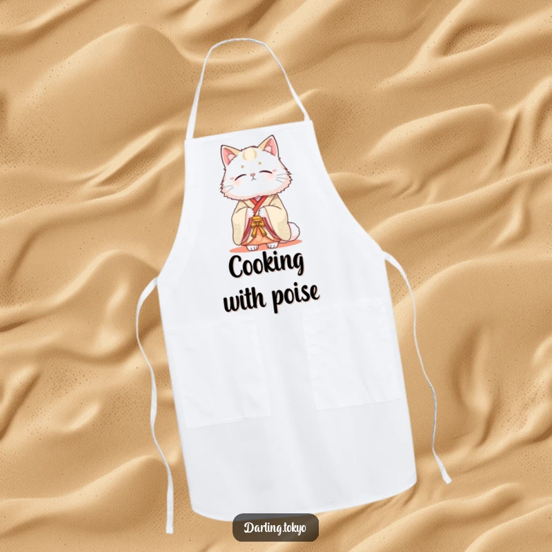 Funny apron featuring a fluffy cat in a traditional kimono looking serenely beautiful, perfect for adding elegance and humor to kitchen tasks.
