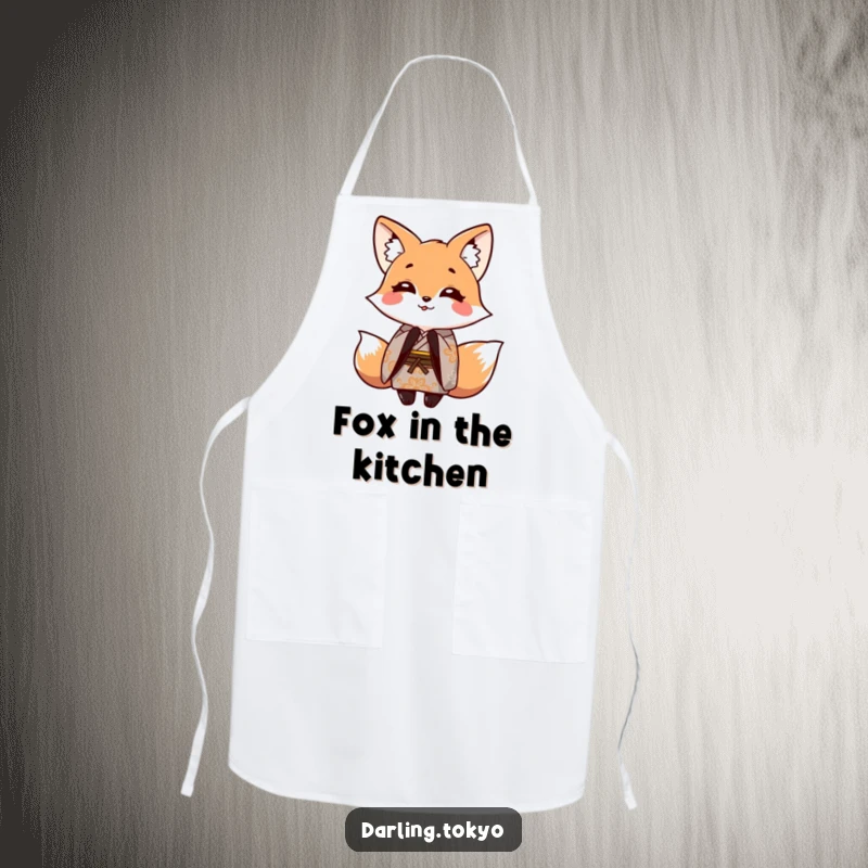 Funny apron showcasing a smiling fox character in a patterned kimono, playfully bowing, perfect for chefs and home cooks.