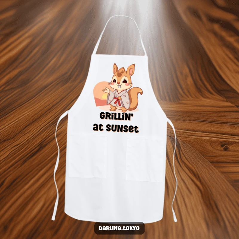 Funny squirrel wearing a kimono points towards a beautiful sunset on this functional and humorous kitchen apron.