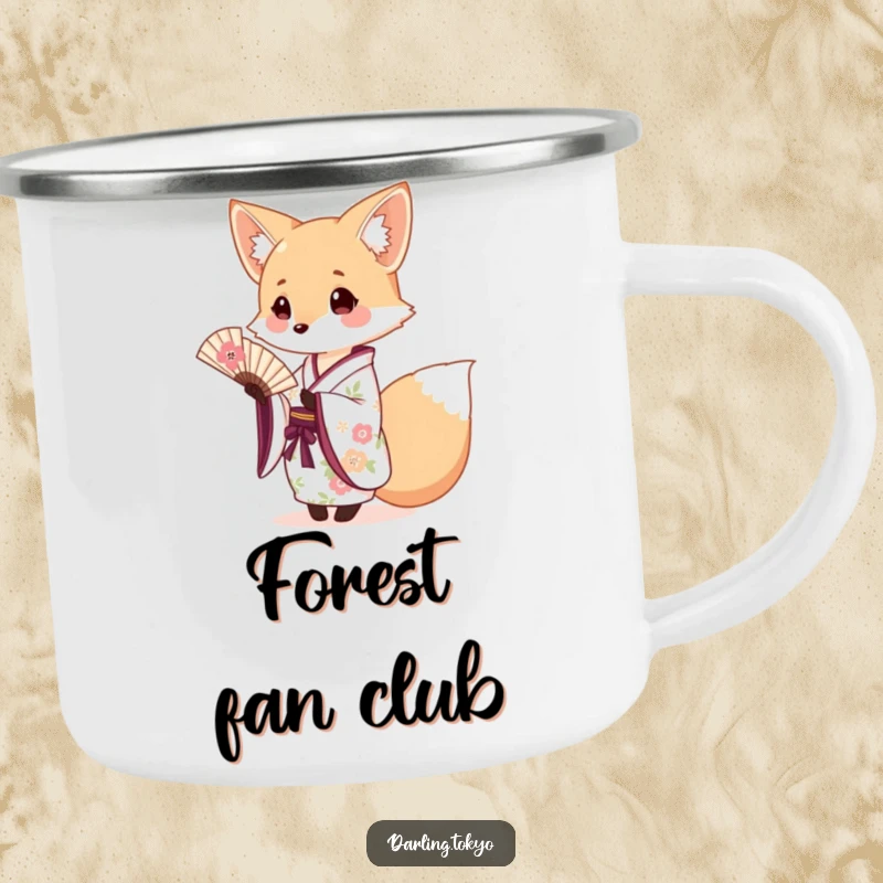 Funny fox in a floral kimono offering a tiny fan, designed for outdoor adventures on a camping mug.