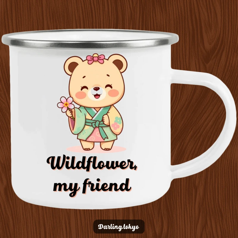 Funny bear in a colorful kimono offering a delicate flower on a camping mug.