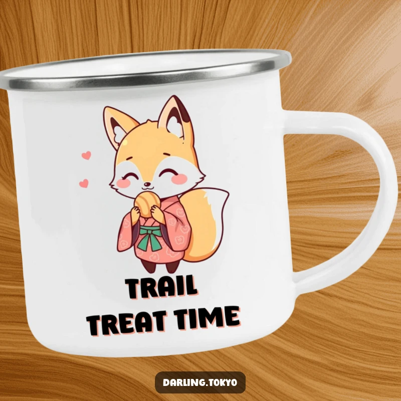 Funny camping mug featuring a cute fox in a patterned kimono sharing a sweet treat, perfect for enjoying beverages outdoors with a smile.