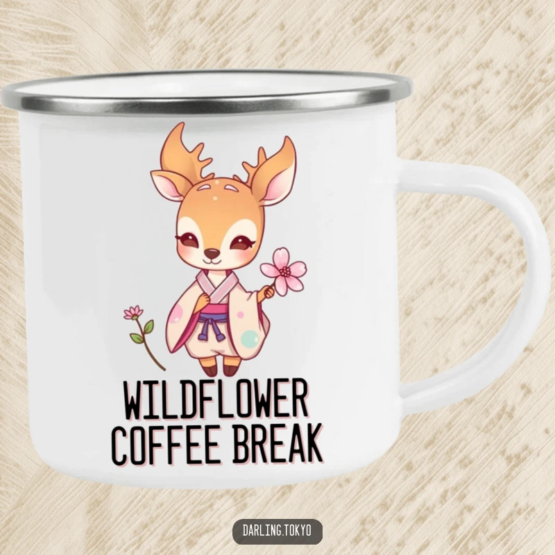 Funny camping mug featuring a small deer in a pastel kimono offering a delicate flower, perfect for enjoying beverages outdoors with elegance.