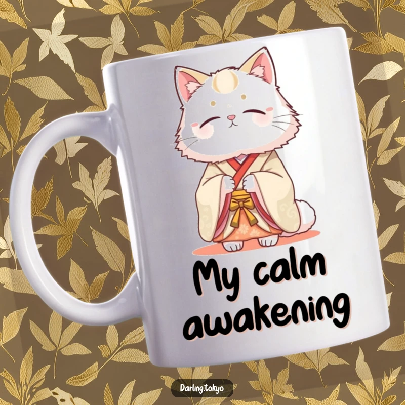 Funny mug featuring a fluffy cat in a traditional kimono looking serenely beautiful, embodying peace and elegant feline charm.
