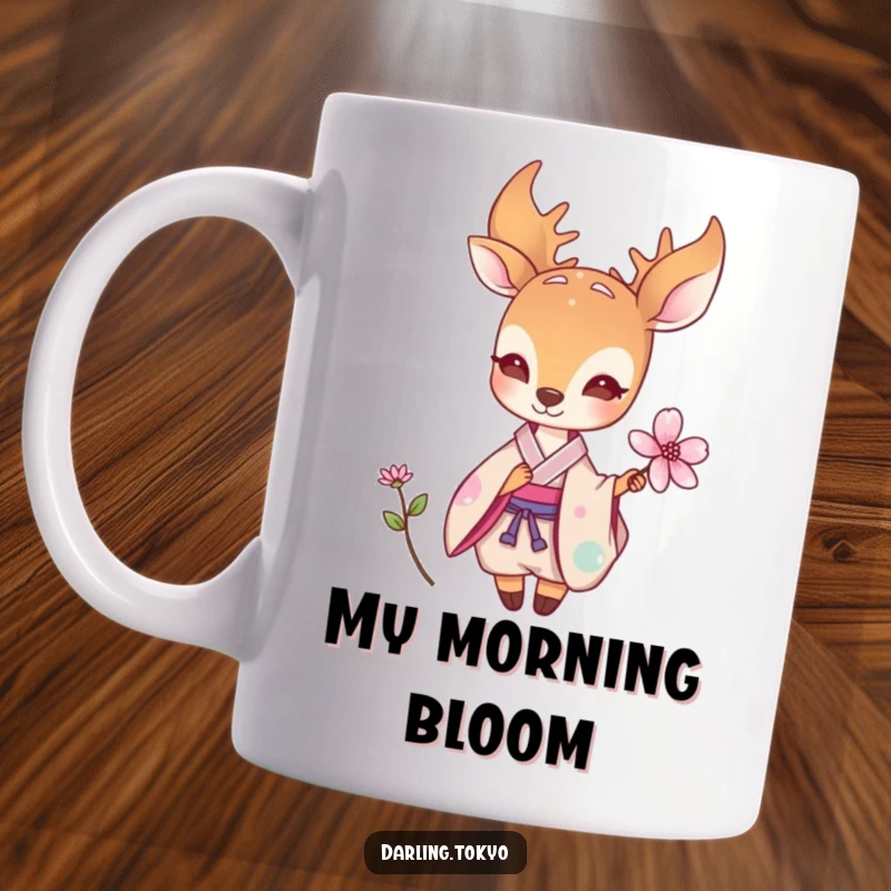 Funny mug featuring a small deer in a pastel kimono gracefully offering a delicate flower, embodying peace and gentle beauty.