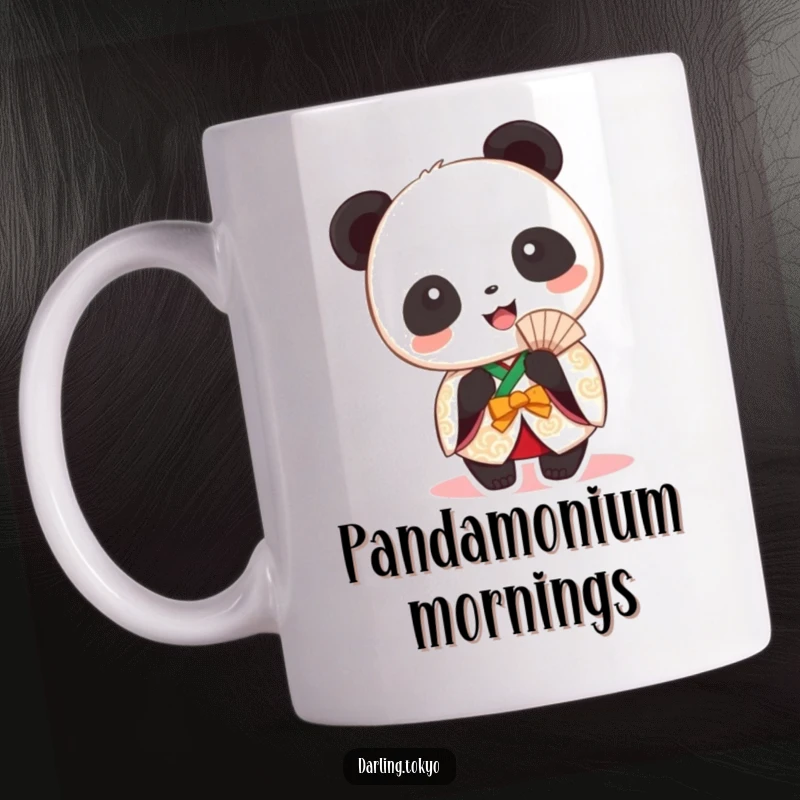 Funny round panda in a festive kimono beaming happily while holding a fan on a mug.