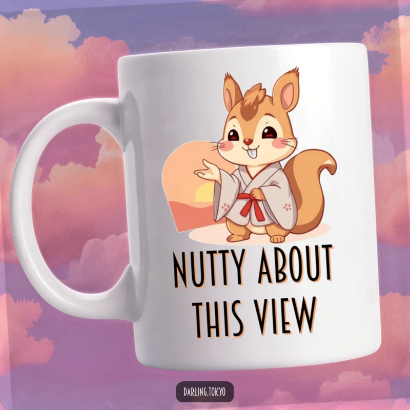 Funny cheerful squirrel in a kimono points towards a vibrant, beautiful sunset on this delightful mug.