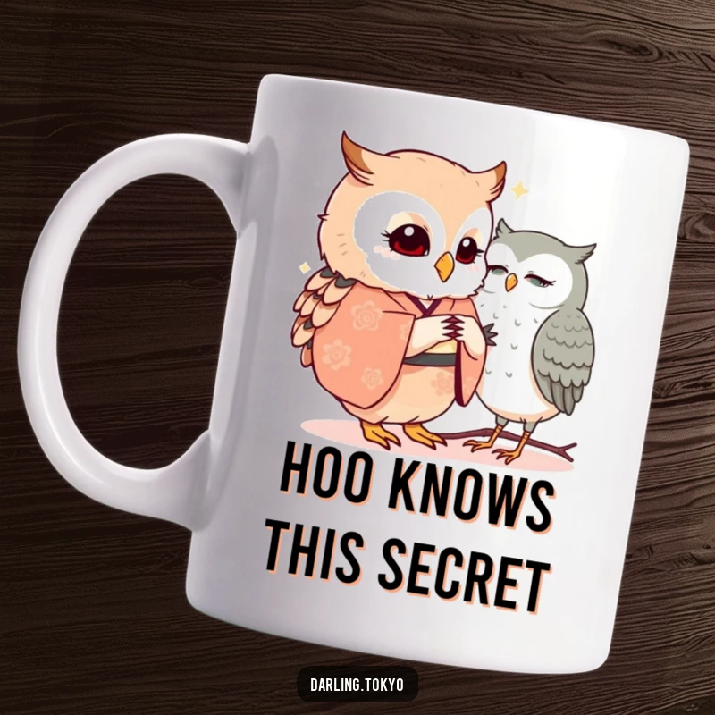 Funny little owls wearing kimonos share a secret whisper on this charming and humorous mug.