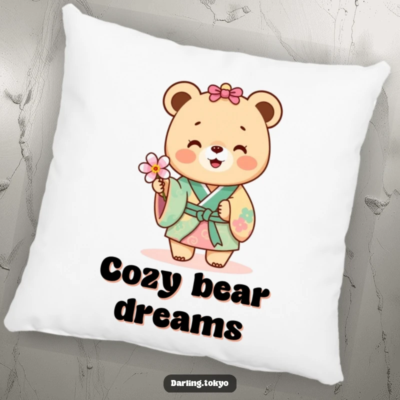 Funny bear in a colorful kimono offering a delicate flower on a plush pillow.