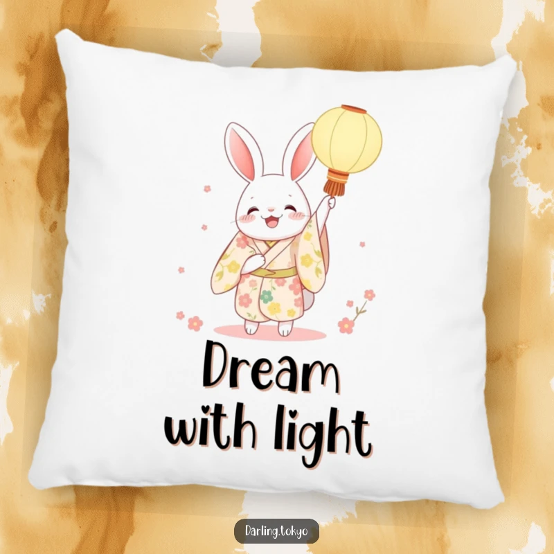 Funny rabbit kimono pillow with a character joyfully holding a paper lantern, providing soft comfort and a cheerful, festive accent.