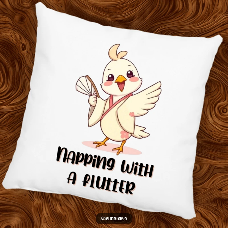 Funny pillow with a cheerful bird in a silk kimono playfully twirling a fan, providing comfort and a touch of vibrant, humorous charm.