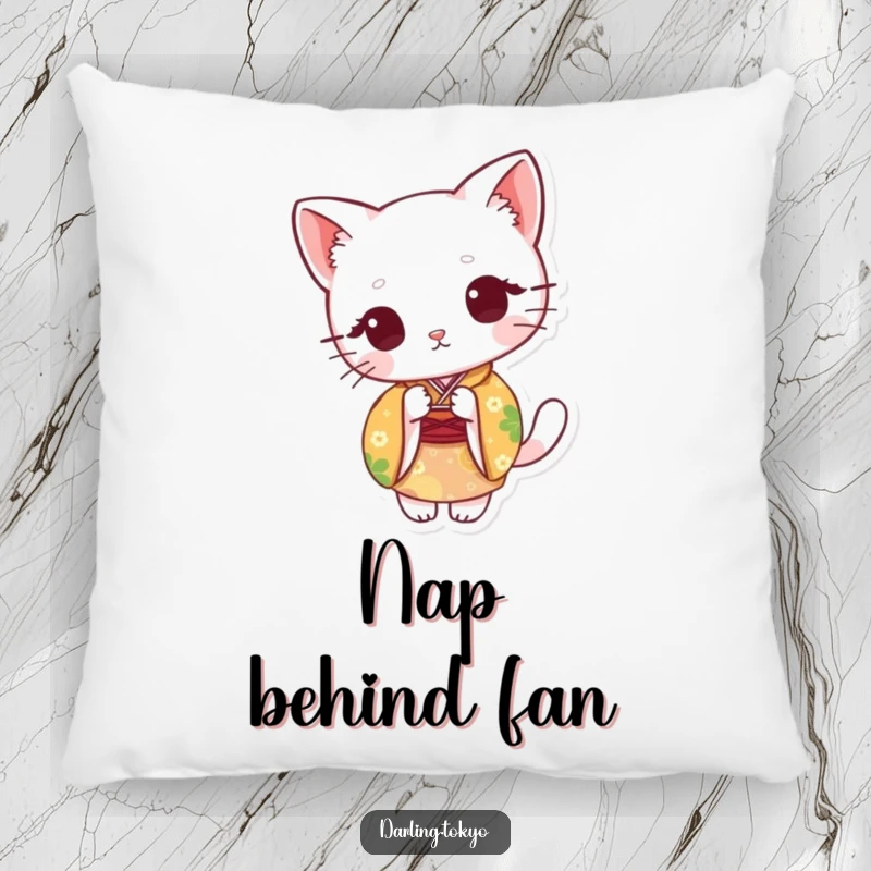Funny pillow with a cute cat in a colorful kimono, peeking from behind a paper fan, offering comfort and charm.