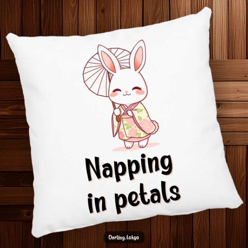 Funny pillow showcasing a cheerful rabbit character in a floral kimono, holding a delicate parasol with a peaceful expression.