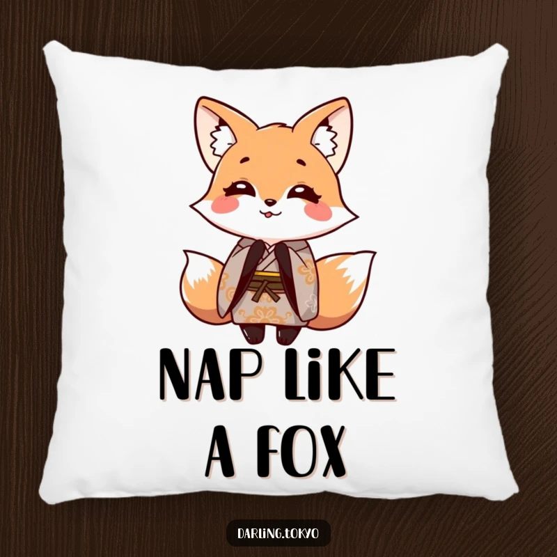 Funny pillow with a smiling fox character in a patterned kimono, shown in a playful bowing gesture, providing comfort and humor.