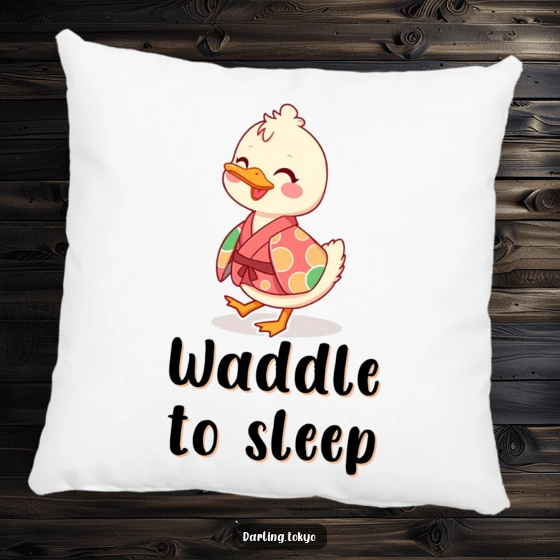 Funny pillow with a playful duck character in a vibrant kimono, waddling cheerfully, offering comfort and joy.