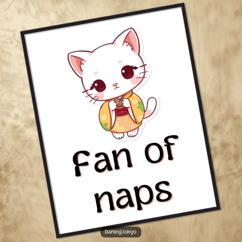 Funny digital art print of a cute cat in a colorful kimono, peeking from behind a paper fan, for wall decor.