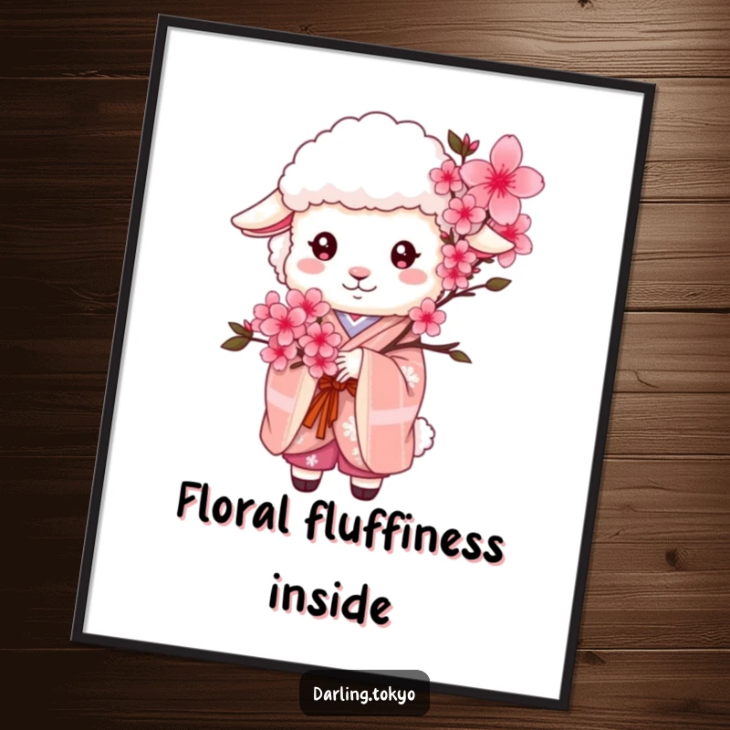 Funny fluffy sheep in a traditional kimono holds a beautiful cherry blossom bouquet, available as a printable digital art piece.