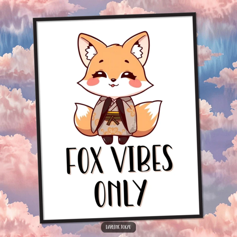 Funny digital art print of a smiling fox in a patterned kimono, playfully bowing, ideal for instant wall decor.