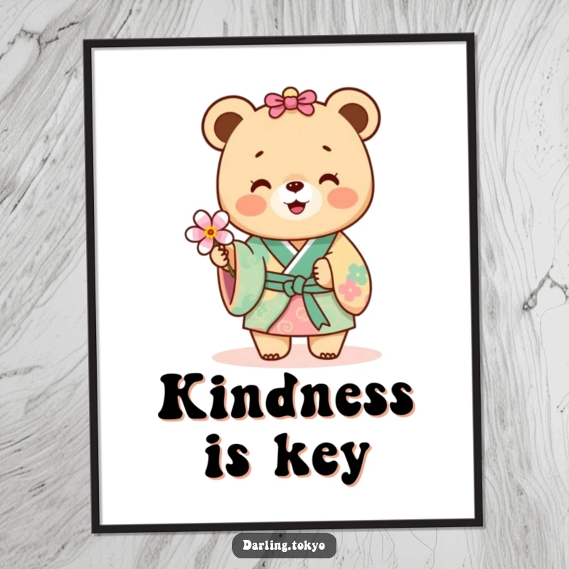 Funny bear in a colorful kimono joyfully offering a delicate flower, high-resolution digital art.