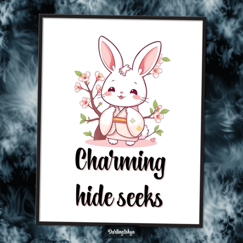 Funny bunny in a pastel kimono playfully peeking from behind a cherry blossom, high-resolution digital art.