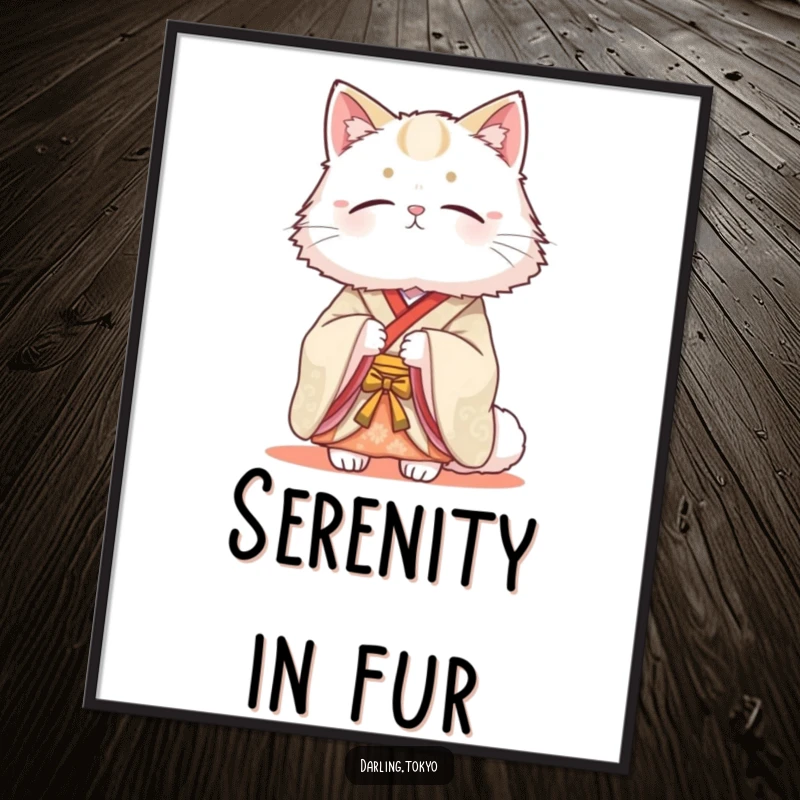 Funny digital art print of a fluffy cat in a traditional kimono looking serenely beautiful, adding instant elegant calm and understated humor.