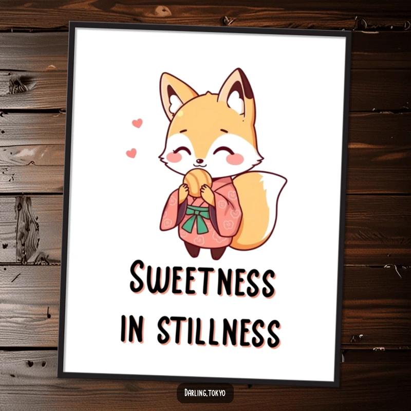 Funny digital art print of a cute fox in a patterned kimono sharing a sweet treat, offering instant charm and whimsical humor.