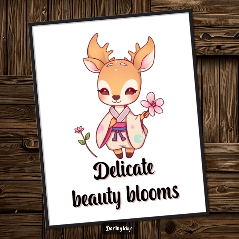 Funny digital art print of a small deer in a pastel kimono offering a delicate flower, adding serene beauty and gentle humor instantly.
