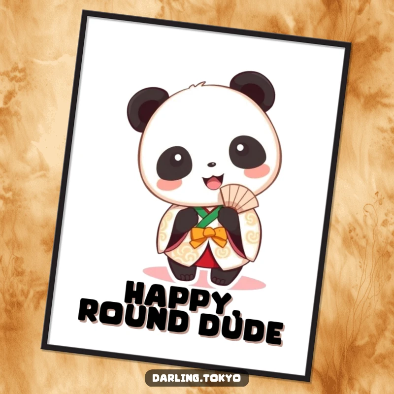 Funny panda in a festive kimono happily holding a fan, high-resolution digital art.