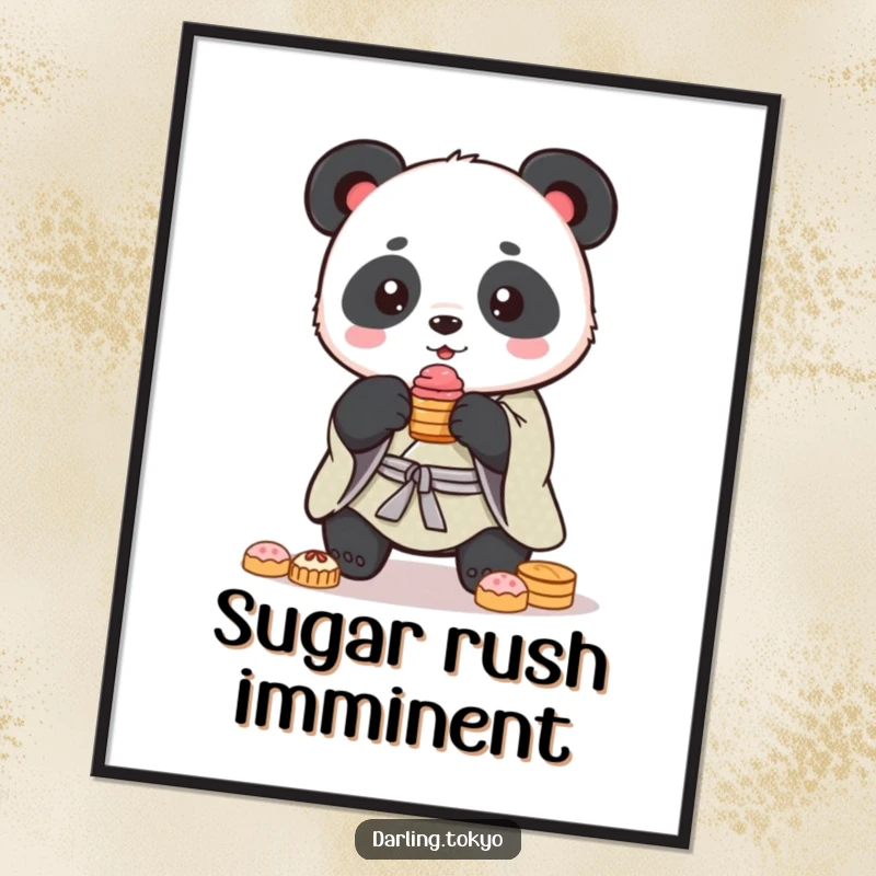 A cute panda dressed in a kimono precariously balances a delightful stack of sweets, available as printable art.