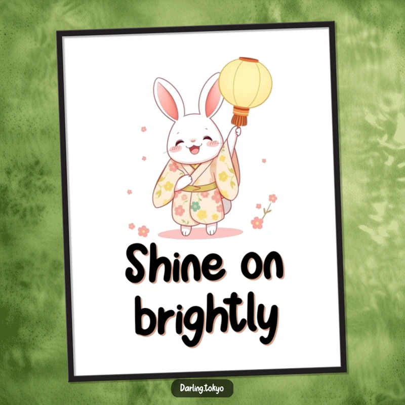 Funny rabbit kimono digital art print featuring a character joyfully holding a paper lantern, ideal for instant festive and charming decor.