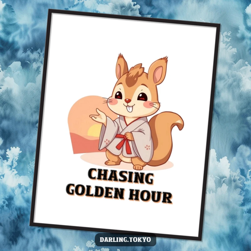 Funny squirrel dressed in a kimono gestures towards a stunning sunset, available as a printable digital art piece.