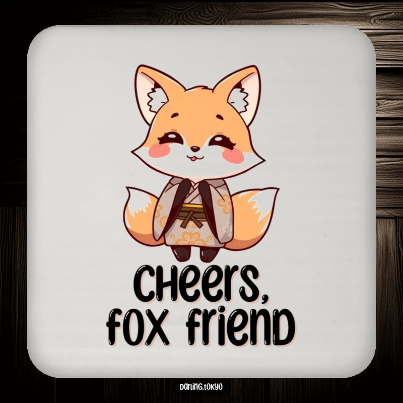 Funny coaster featuring a smiling fox character in a patterned kimono, playfully bowing, protecting surfaces with style.