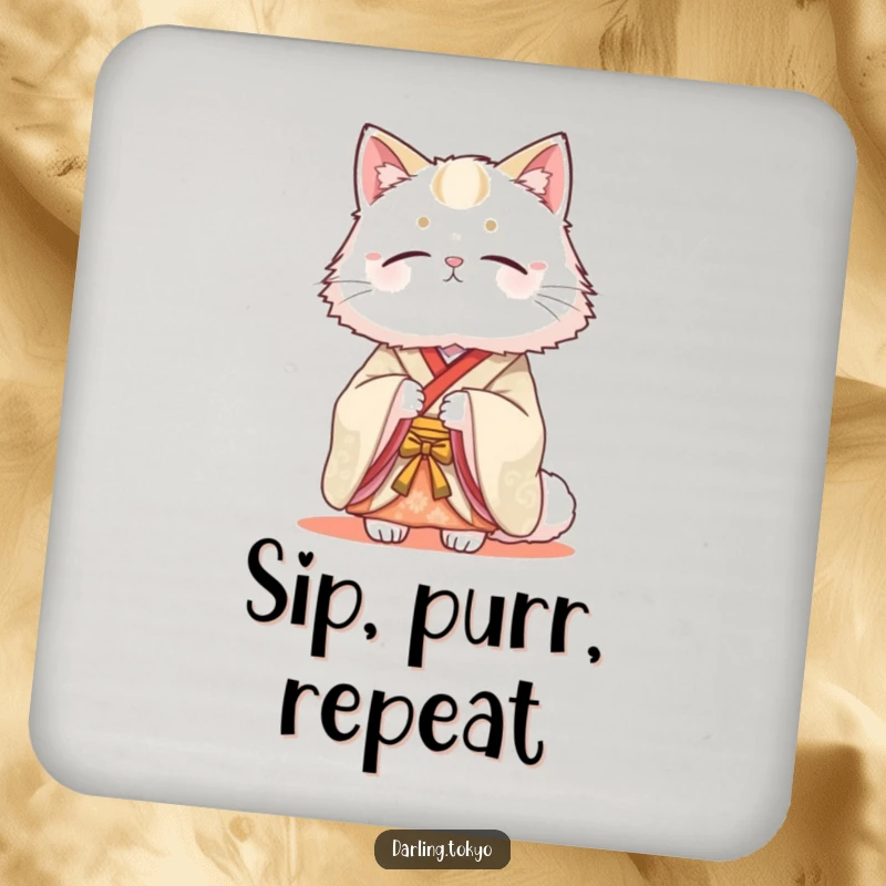 Funny coaster with a fluffy cat in a traditional kimono looking serenely beautiful, protecting surfaces with elegant, peaceful humor.