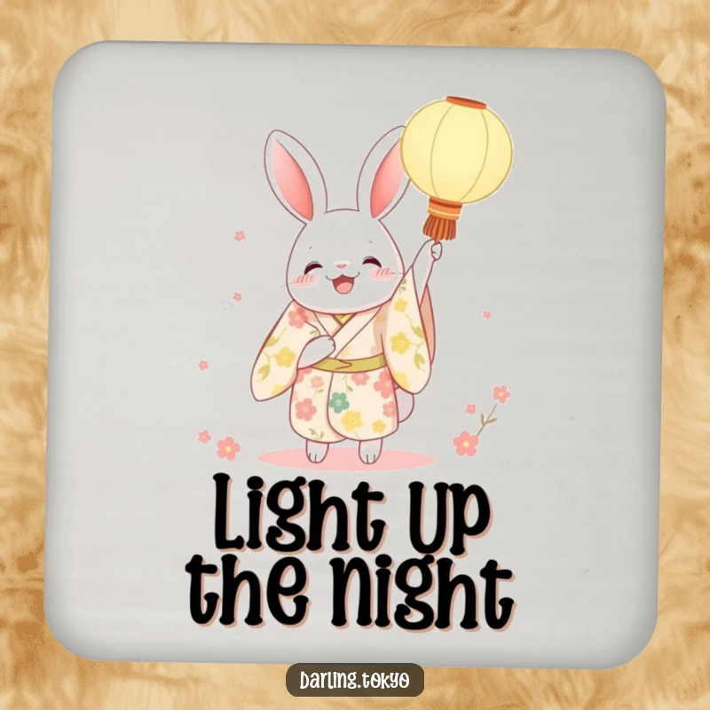 Funny rabbit kimono coasters featuring a character joyfully holding a paper lantern, protecting surfaces with festive and charming Japanese-inspired art.