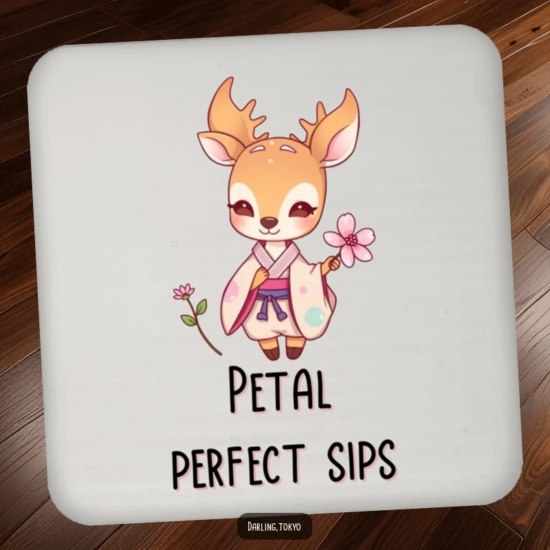 Funny coaster with a small deer in a pastel kimono offering a delicate flower, protecting surfaces with elegant, peaceful humor.
