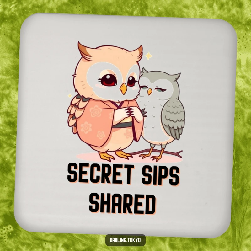 Funny owls in kimonos share a secret, featured on this protective and humorously intriguing drink coaster.