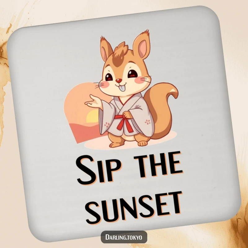 Funny squirrel in a kimono admires a beautiful sunset, featured on this protective and humorous drink coaster.