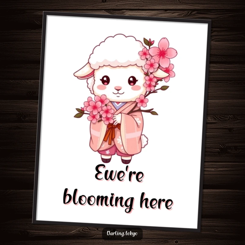 Funny fluffy sheep adorned in a kimono holds a delicate cherry blossom bouquet, presented as beautiful wall art.