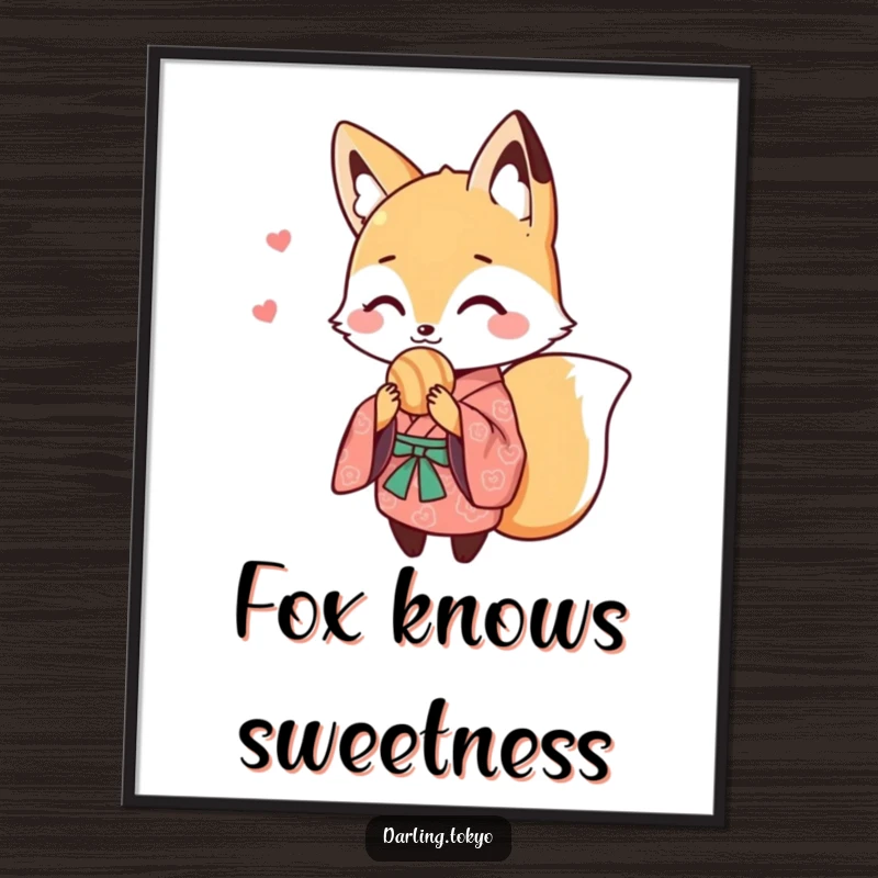Funny poster of a cute fox in a patterned kimono, sharing a sweet treat, bringing delightful charm and whimsical humor to any room.