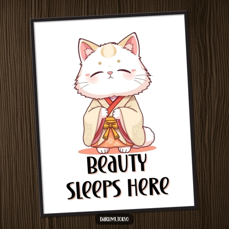Funny poster of a fluffy cat in a traditional kimono looking serenely beautiful, bringing elegant calm and understated humor to any room.