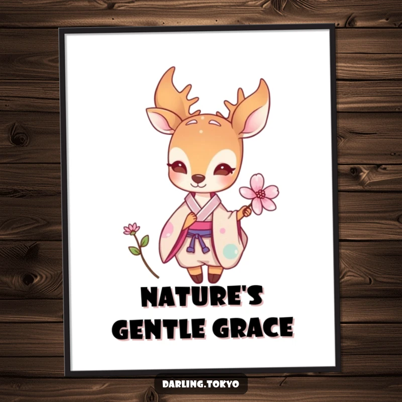 Funny poster of a small deer in a pastel kimono offering a delicate flower, bringing serene beauty and understated humor to any decor.