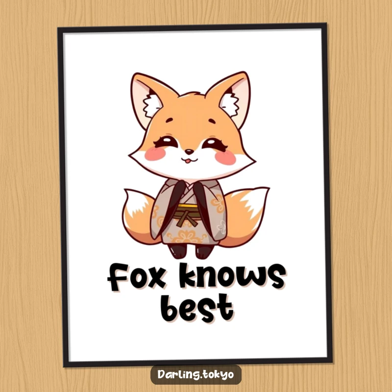 Funny poster featuring a smiling fox character in a patterned kimono, depicted in a playful bowing pose, adding charm to walls.