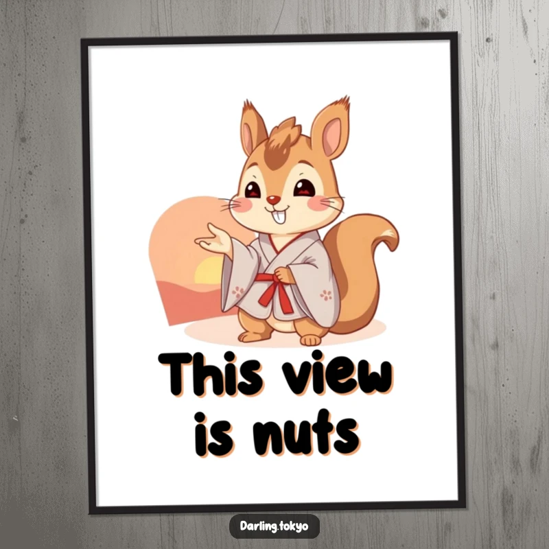Funny squirrel dressed in a kimono gestures towards a vibrant sunset, creating a beautiful and funny piece of wall art.