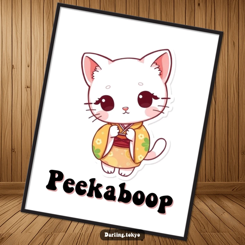 Funny poster featuring a cute cat in a colorful kimono, peeking from behind a paper fan, adding whimsy to decor.