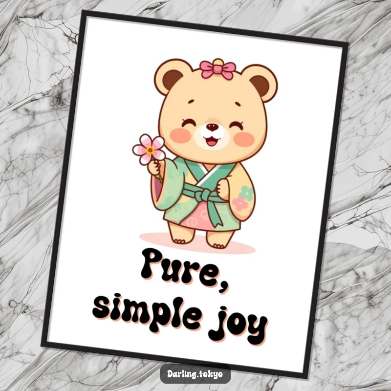 Funny bear in a colorful kimono joyfully offering a delicate flower, vibrant wall art.