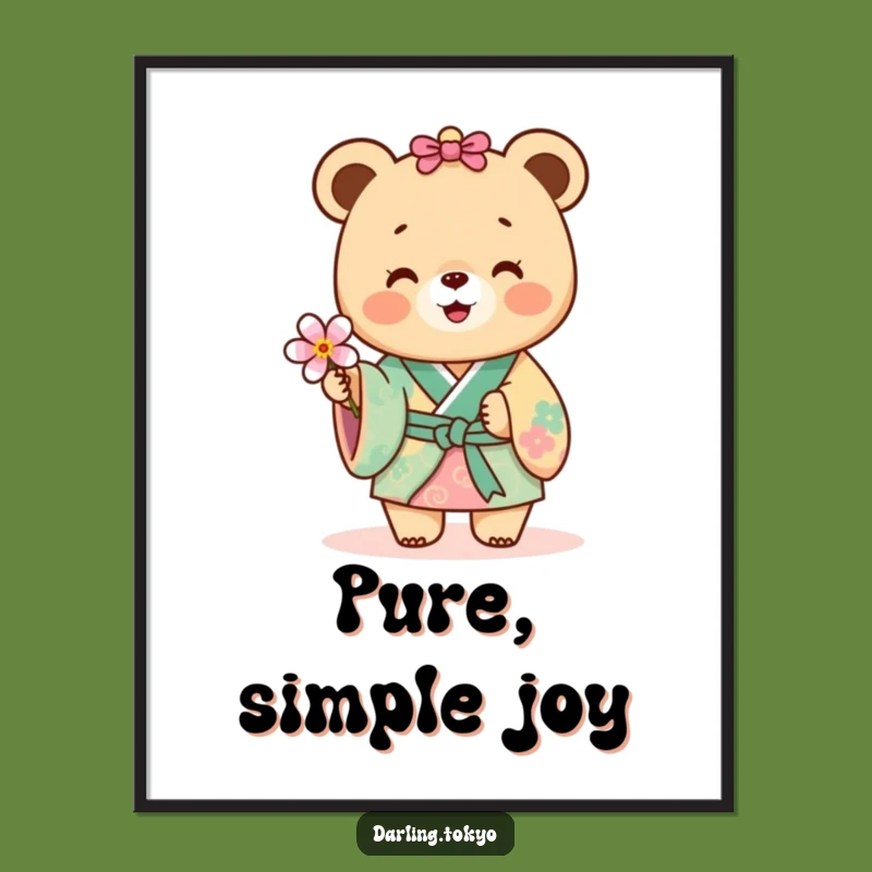 Funny Bear Kimono Poster: Joyful Flower Offer, Charming Cute Animal Wall Art