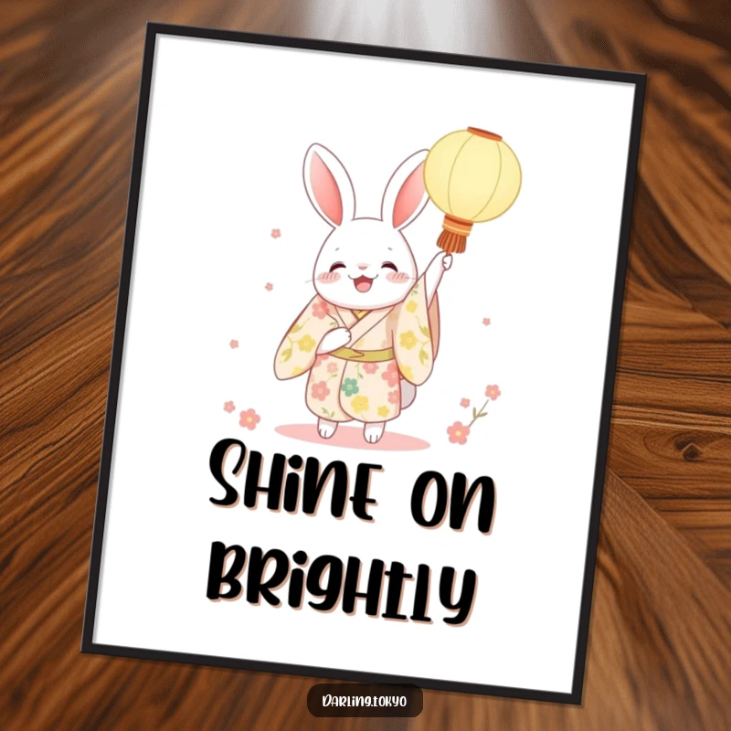 Funny rabbit kimono poster depicting a character joyfully holding a glowing paper lantern, radiating festive cheer and whimsical beauty.