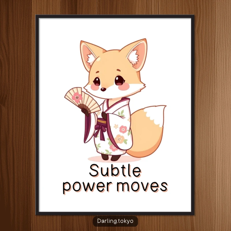 Funny fox in an ornate floral kimono, gracefully offering a miniature fan, detailed wall art.